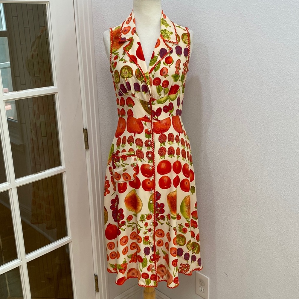Vintage 90s Y2K 🍓🍋🍇🍒🍊RARE Betsey Johnson White Silk Fruit Dress, Size 6